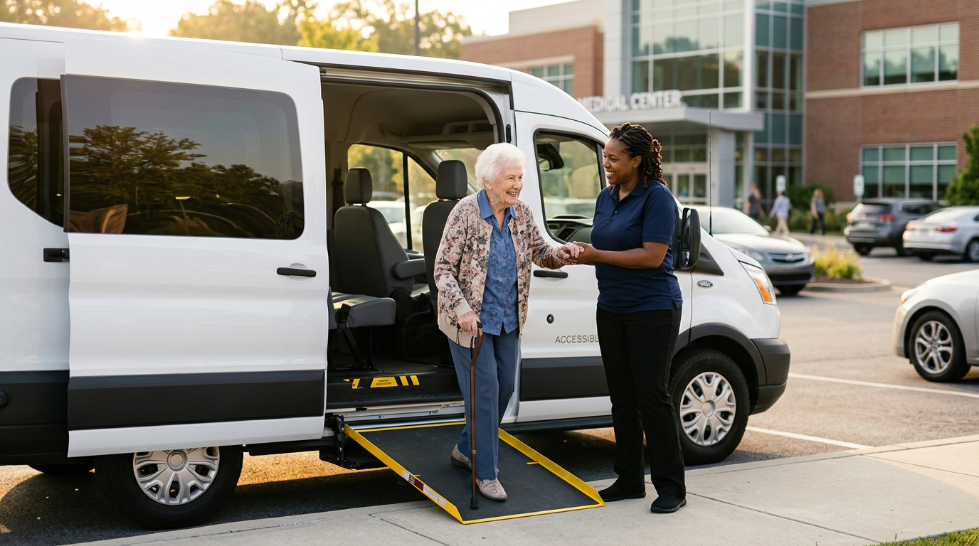 A Journey 2 Hope driver gently assisting an elderly passenger from a wheelchair-accessible van