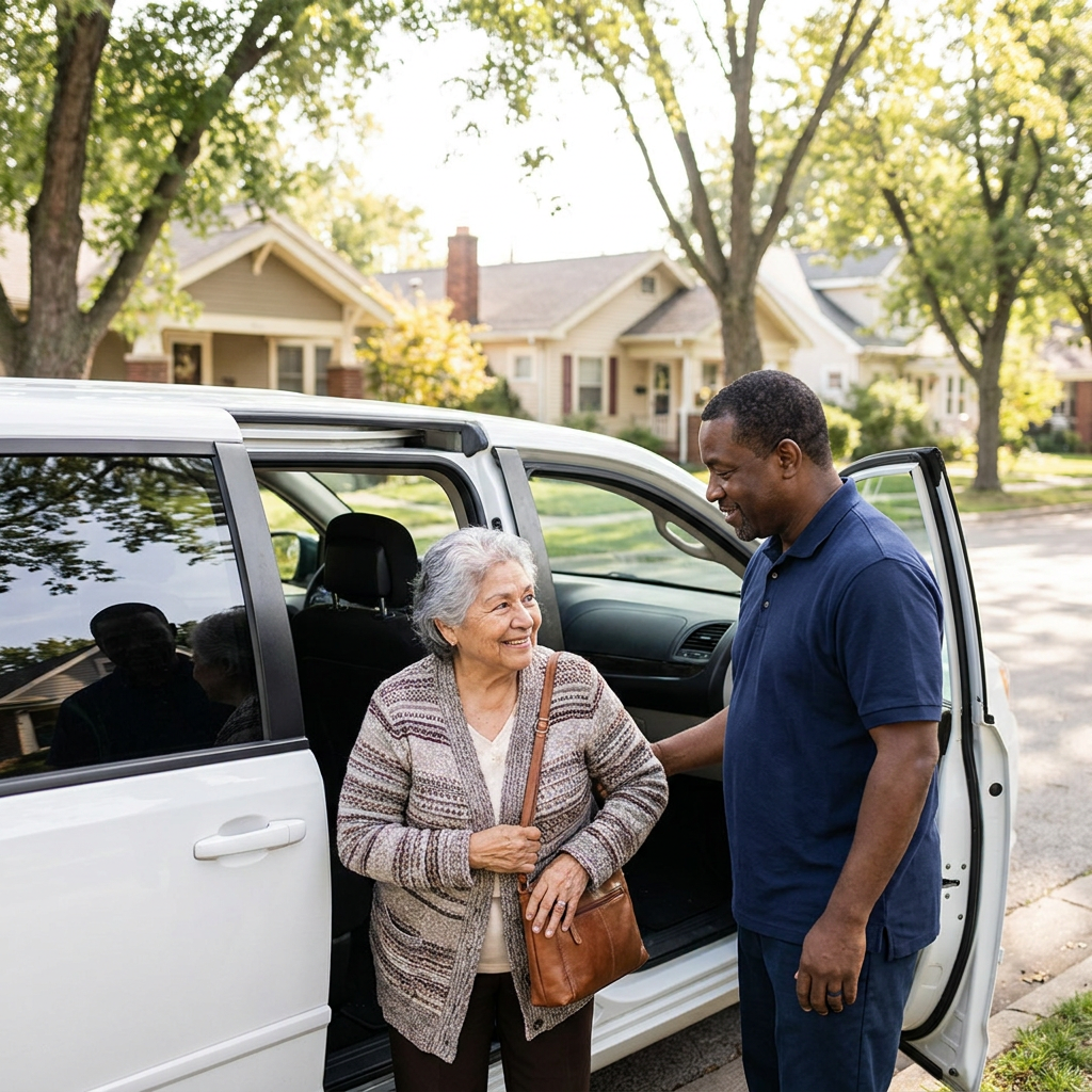 An elderly Latina woman in a cardigan being gently helped from a Journey 2 Hope van by a uniformed driver